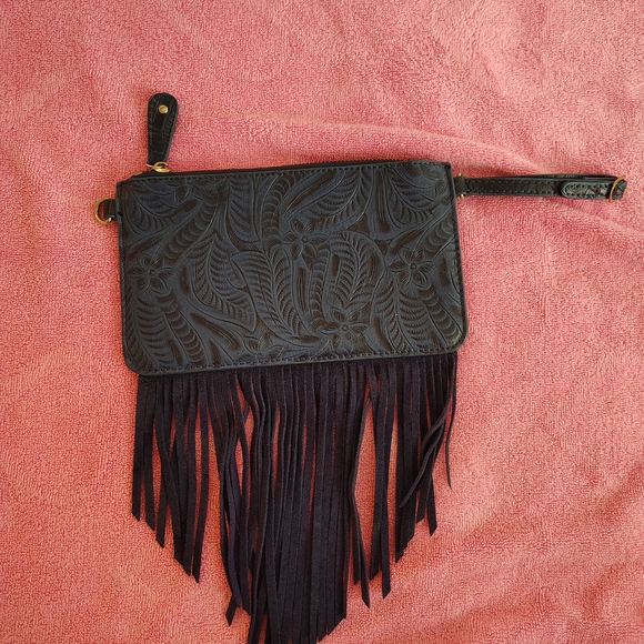 Free People Embossed Fringe Wristlet Clutch